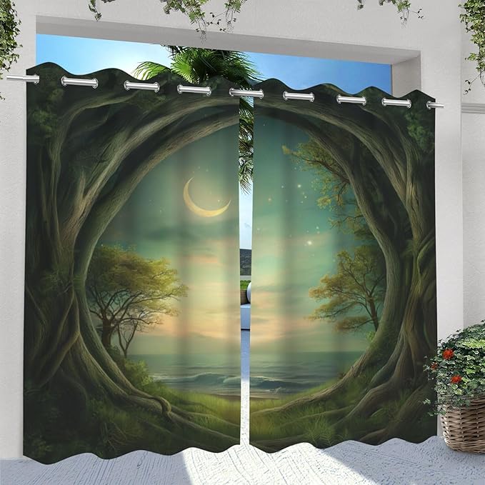 Forest Theme Waterproof Outdoor Curtains for Patio,Trees Moon Lake Pattern,Light Filtering Curtains Outside Curtains for Porch, Gazebo, Pergola, Backyard,2 Panels,W54 x L84,Green