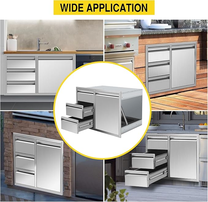 Outdoor Kitchen Drawer Combo, Stainless Steel Triple Drawers & 2 Trash Can Drawers,Enclosed Built-in Drawer Flush Mount For Outdoor Kitchens & BBQ Islands ﻿ ﻿,G2