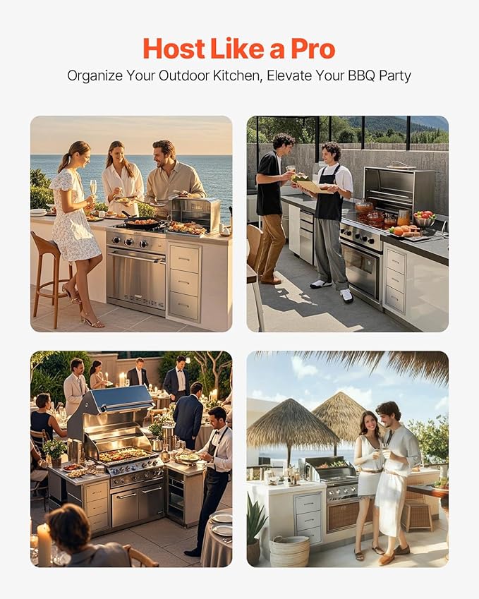 VEVOR Outdoor Kitchen Drawers 16" W x 28.5" H x 20.5" D, Flush Mount Triple Access BBQ Drawers with Stainless Steel Handle, BBQ Island Drawers for Outdoor Kitchens or BBQ Island Patio Grill Station