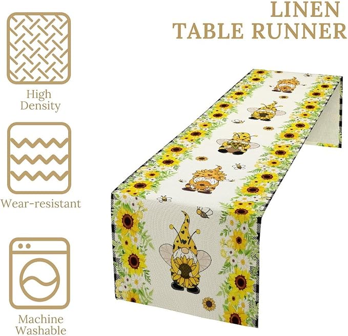 Summer Sunflower Gnome Table Runner, Buffalo Plaid Bee Farmhouse Seasonal Table Decoration for Outdoor Home Party Kitchen Dining Holiday 13x108in