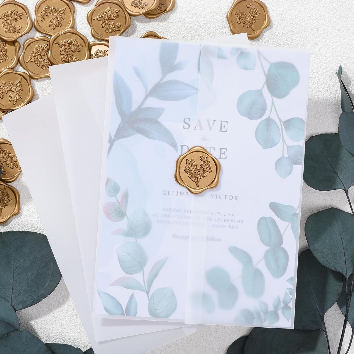 UNIQOOO 50 Sets Pre-Folded Vellum Jackets for 5x7 Invitation & Gold Eucalyptus Wax Seal Stickers, Wedding Invitations Wraps Bulk for Wedding Bridal Baby Shower Envelopes