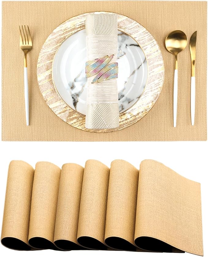 Faux Leather Placemats Set of 6, Heat Resistant Anti-Slip PU Place Mats for Dining Table, Waterproof Washable Wipeable Reversible Table Mats, Gold