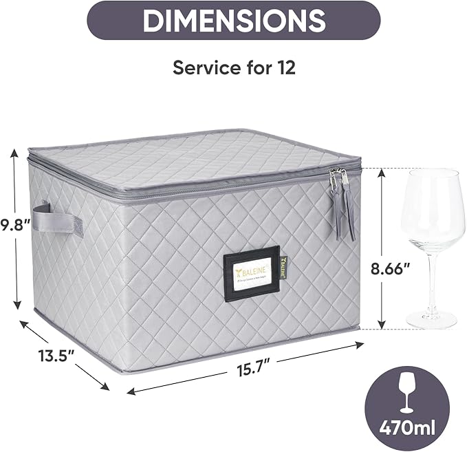 BALEINE China Storage Containers, Sturdy Quilted Wine Glass Storage, Plate Organizer with Carry Handles, Moving Boxes for Dishes, Cups, Mugs and Stemware (Wine Glasses, Soft Shell Grey)