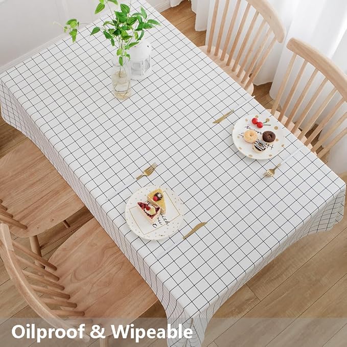 TruDelve Heavy Duty Vinyl Table Cloth Plastic Tablecloths for Kitchen Dining Tables Wipeable PVC Waterproof Tablecloth for Rectangle Table (54'' x 72', White Plaid)