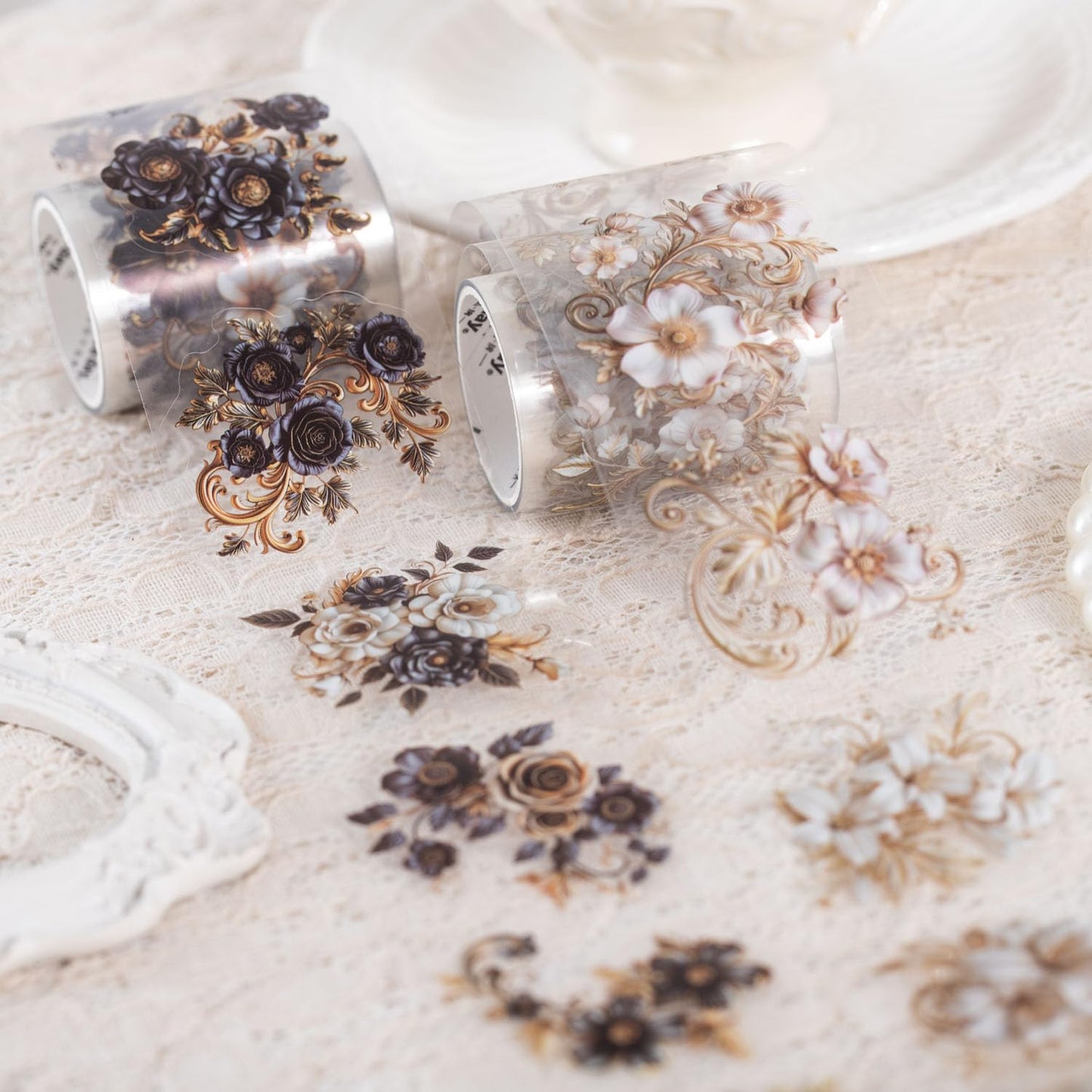 6PCS Baroque Flower PET Tape Set, Vintage Floral Pre-Cut Tapes for Journaling, Scrapbooking, and Junk Journal Ephemera, with Decorative Clip