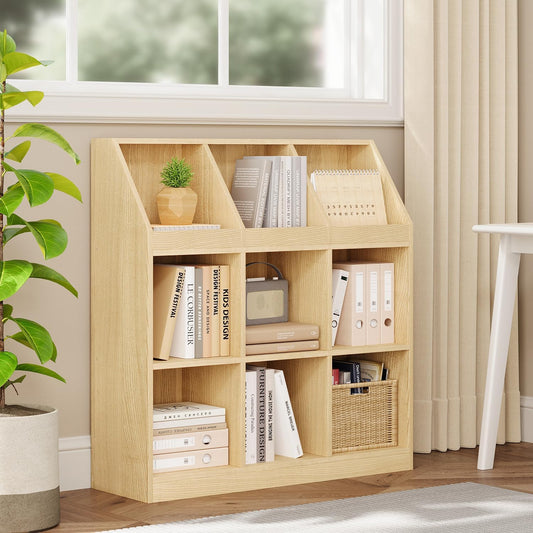 9-Cube Wooden Storage Bookcase - 11-Inch Open Shelf Cabinet, Simple Modern Bookshelf Organizer for Home Office, Living Room, Oak