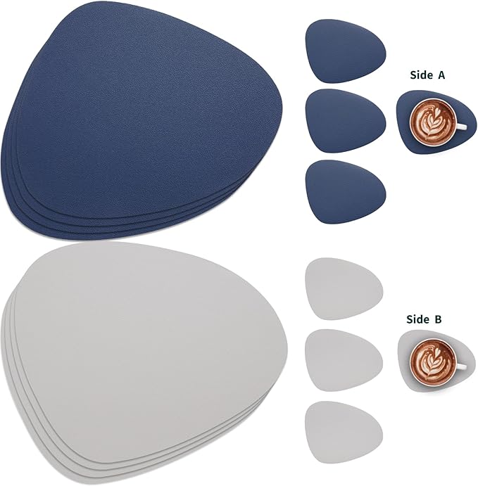 Myir JUN Placemats, Dual-Sided Placemats Waterproof Faux Leather Placemats Set of 4 Place Mats and Coasters Non-Slip Washable Table Mats for Dining Table (Light Gray Blue, Set of 4)