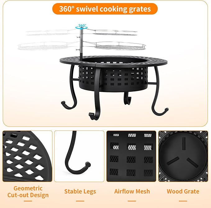 FDW 36 Inch Fire Pit with 2 Adjustable Grills, Wood Burning Outdoor Fire Pit with Lid, Poker & Waterproof Cover, 3-in-1 Fire Pit Table for BBQ, Bonfire & Patio Dining