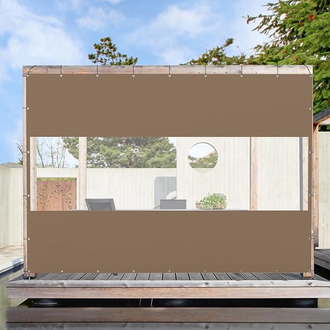 Domi Heavy Duty Outdoor Clear Panel Curtain, 18 oz Waterproof PVC Polyester Curtain, Weather Resistant & Tearproof for Patios, Gazebos, Pergolas, Privacy Screen (7'H x 10'W, Brown)