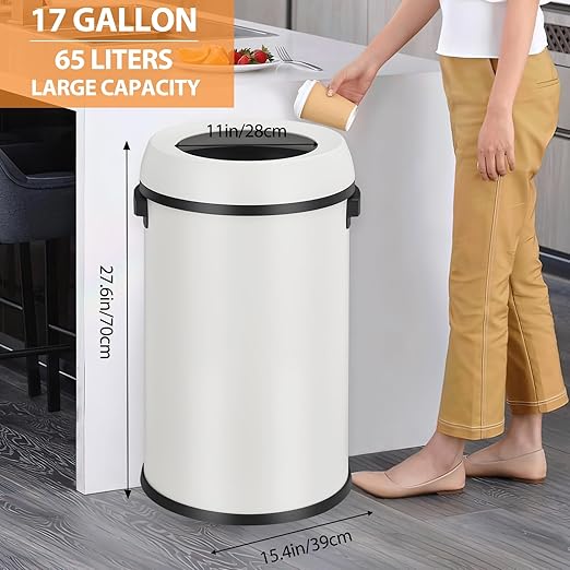 GarveeHome 17 gal/65 L Open Top Trash Can, Stainless Steel Rubbish Bin, Commercial Grade Waste Container, Round Garbage Can for Outdoor, Home Office, Restaurant, White