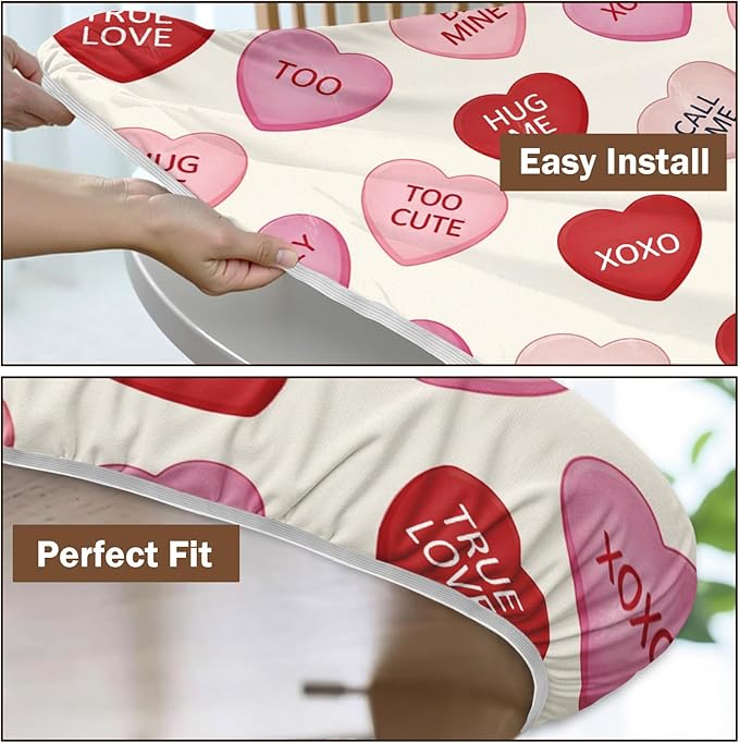 Valentines Day Round Fitted Tablecloth with Elastic Pink Red Love Hearts Circle Table Cloth for 44-48" Round Tables Wipeable Waterproof Valentines Decorative Table Cover for Picnic Dining Party Decor
