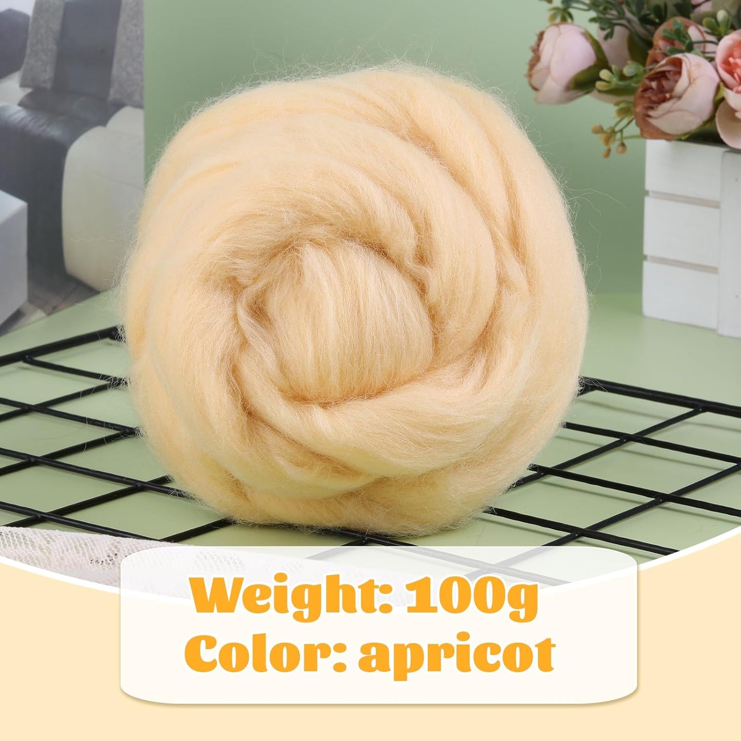 3.53oz Wool Roving Yarn, Wool Felting Supplies, Pure Wool, Chunky Yarn, Spinning Wool Roving for Needle Felting Wet Felt DIY Hand Spinning (Light Apricot)