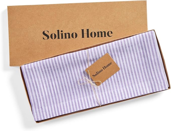 Solino Home Linen Table Runner 48 Inches - Narrow Stripe 100% Pure Linen Lavender and White Table Runner 14 x 48 Inch Ideal for Dresser and Coffee Tables - Valentines, Spring, Easter