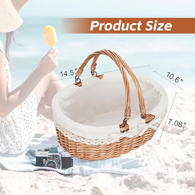G GOOD GAIN Oval Picnic Basket with Folding Handles, Willow Hand Woven Shopping Basket, Bath Storage Gift Packing Basket, Wicker Empty Easter Eggs and Candy Small Gift Basket.Cream