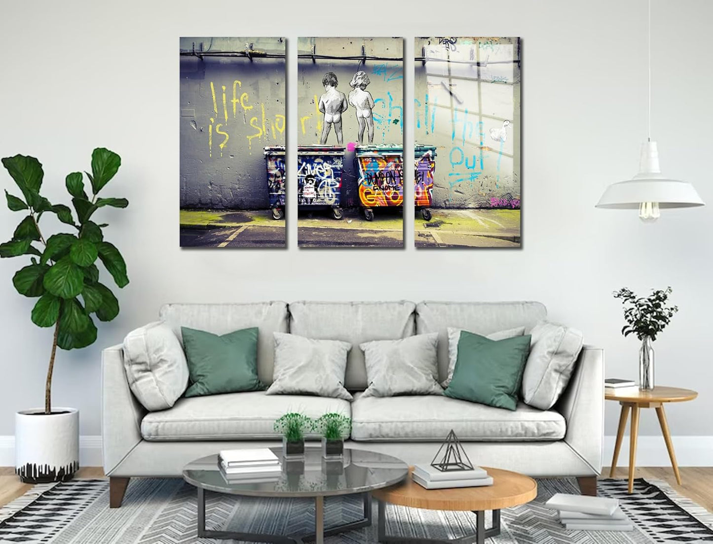 SpiritualHands Banksy Peeing Boys Life Is Short Printed Tempered Glass Wall Art Painting for Living Room, Tempered Glass Modern Prints Decor, Large Vivid Color Panel for Bedroom, Kitchen, or Office