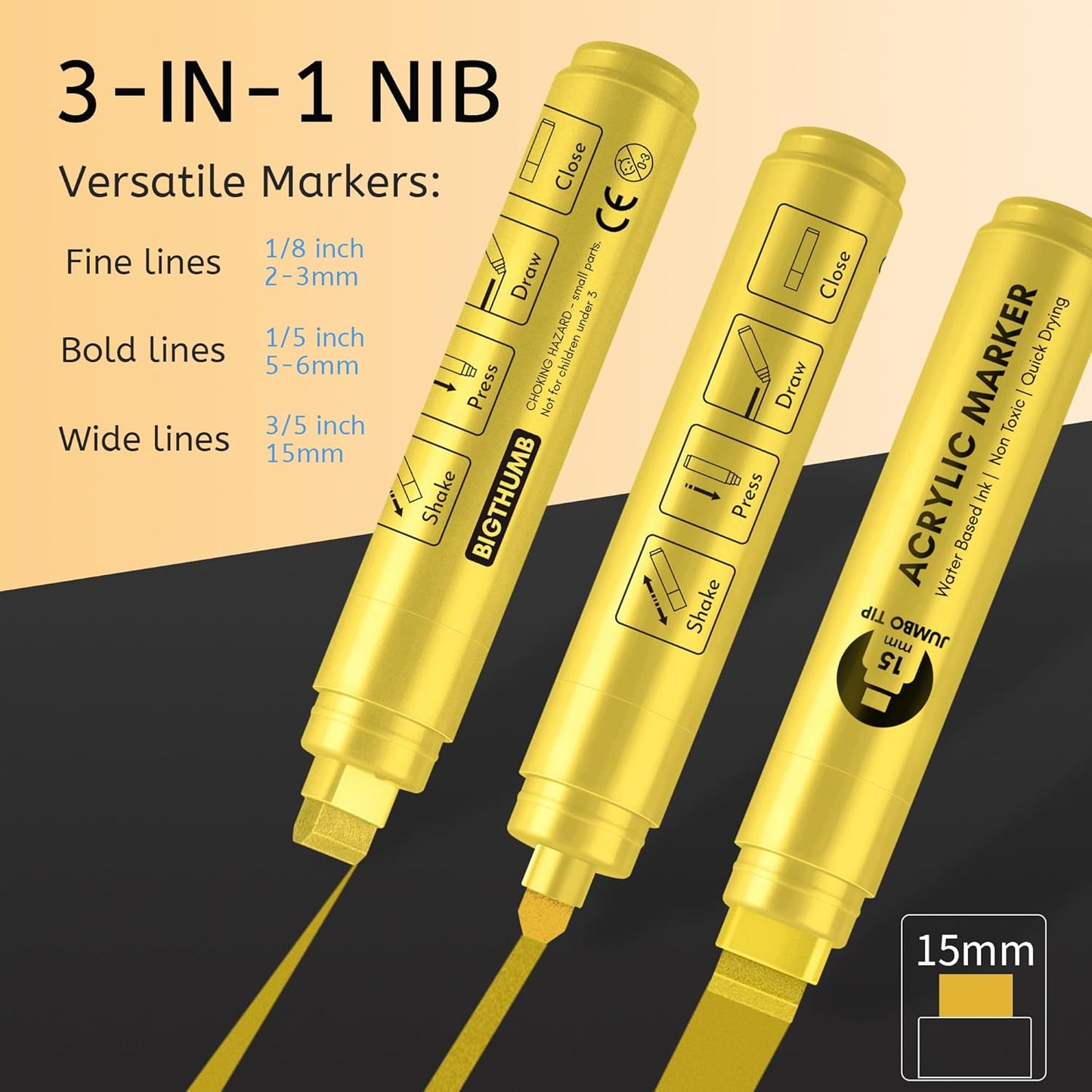 Jumbo Graffiti Poster Markers Set: 12 Metallic Colors Large 15mm Wide Tip Permanent Ink Thick Acrylic Paint Pens for Rock Painting, Stone, Glass, Wood, Ceramic, Metal, Plastic, Fabric