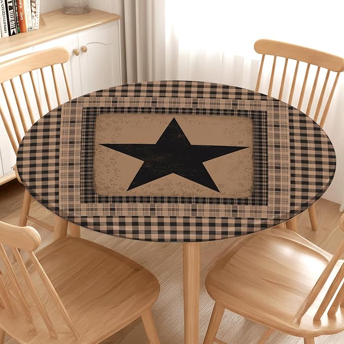 Western Texas Star Round Fitted Tablecloth with Elastic Vintage Black Brown Plaid Circle Table Cover for 36-40" Round Tables Stretch Waterproof Rustic Country Table Cloth for Kitchen Dining Patio