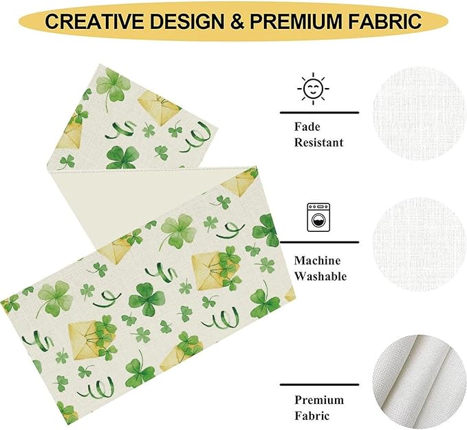 Clover Table Runner,Retro Rustic Green Shamrock Yellow Envelope Spring Seasonal Holiday St.Patrick's Day Table Center Decor for Home Kitchen Dining Holiday Party Indoor Decorations, 13"x90"