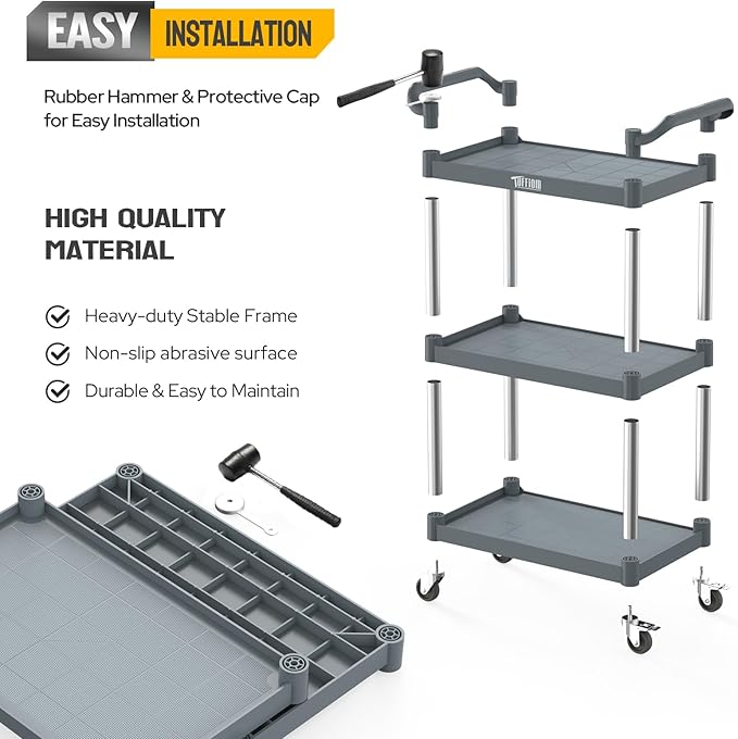 TUFFIOM 3-Tier Plastic Service Utility Cart with Wheels,Heavy Duty 390lbs Capacity,Commercial Rolling for Restaurant, Foodservice, Office, Warehouse, Gray 34.8''L x 17.4''W x 38.6''H