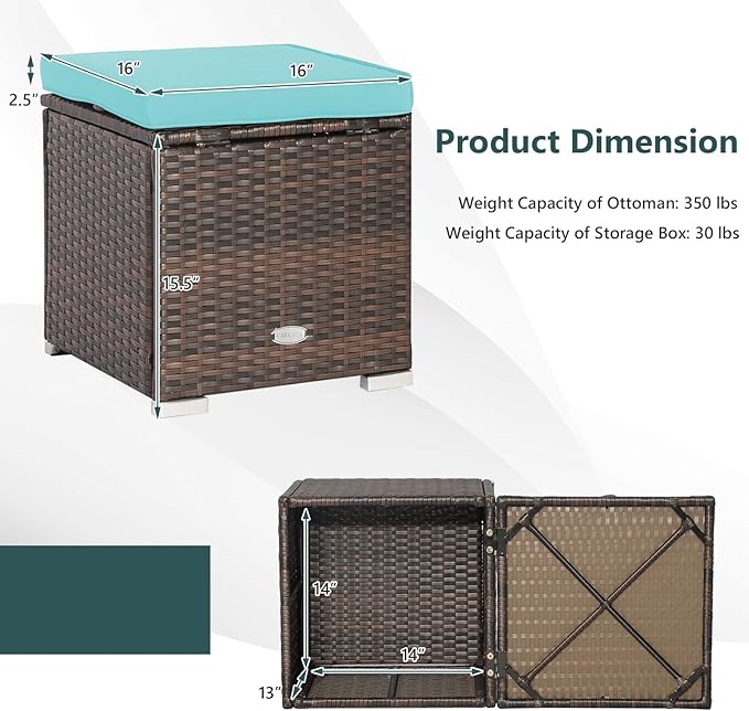 Tangkula 2 Pieces Patio Ottomans, Patiojoy Hand-Woven PE Rattan Side Table with Removable Cushion & Hidden Storage Space, Multifunctional Storage Box, Seat for Patio, Backyard, Poolside (Turquoise)