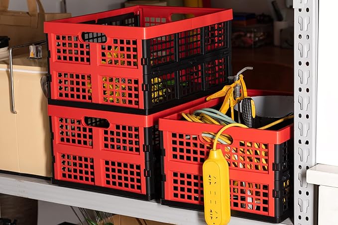 34L Large Plastic Folding Storage Crates,Collapsible Crates for Storage,Pack of 3 (Black+Red)