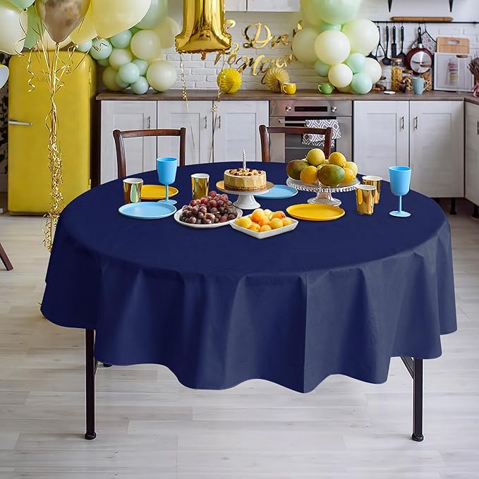 Nasitos 2 Pack Round Vinyl Tablecloth - 60 Inch, Plastic/Navy Table Cover with Flannel Backing, Disposable for Circular Table, Dining, Buffet, Parties & Graduations