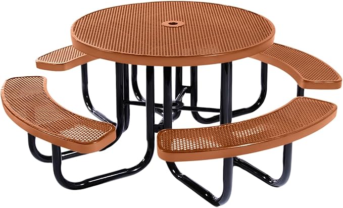 COATEDOUTDOORFURNITURE Heavy-Duty Portable Outdoor Picnic Table with Umbrella Hole, Punched Steel Commercial-Grade Patio Dining Furniture Made in America (46" Round Top, Textured Copper)