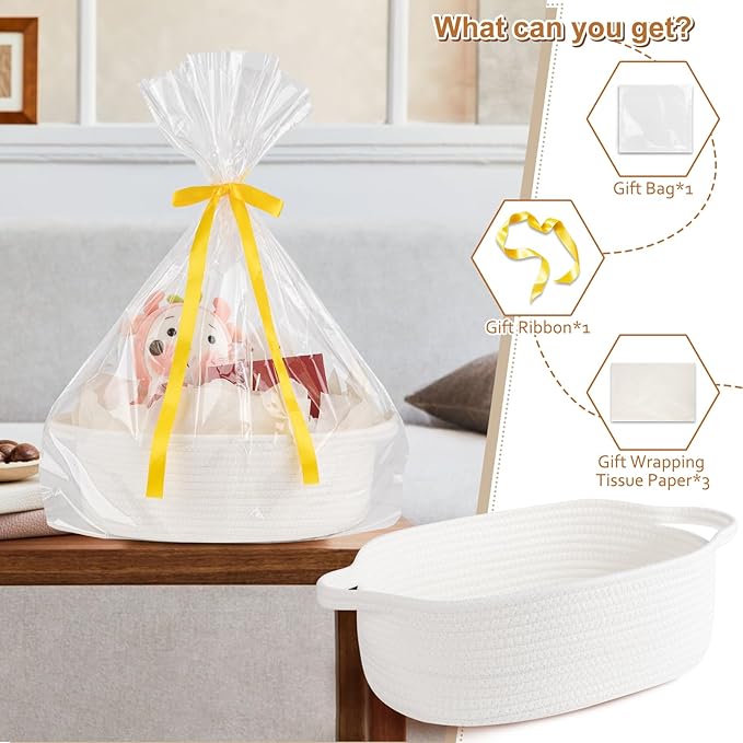 OIAHOMY Gift Basket Empty with Handle, 12"x 8"x 5" Small Woven Basket with Gift Bag, Ribbon and Wrap Tissue Paper, Dog Toy Storage for Organizing - White