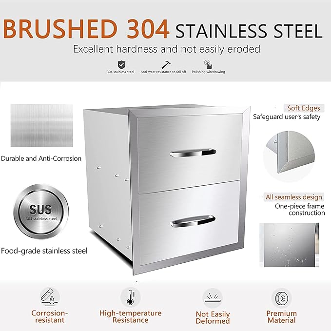 Outdoor Kitchen Drawers, Box Frame Style Flush Mount BBQ Drawer w/Stainless Steel Handle, BBQ Island Drawers For Patio Grill Station,Double Drawers