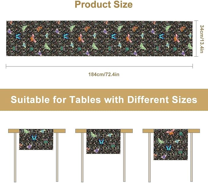 Boho Wildflower Moth Table Runner,Bohemian Floral Colorful Butterfly Print Table Runner for Kitchen Dining Table Holiday Indoor Outdoor Home Party Decor 13x90in