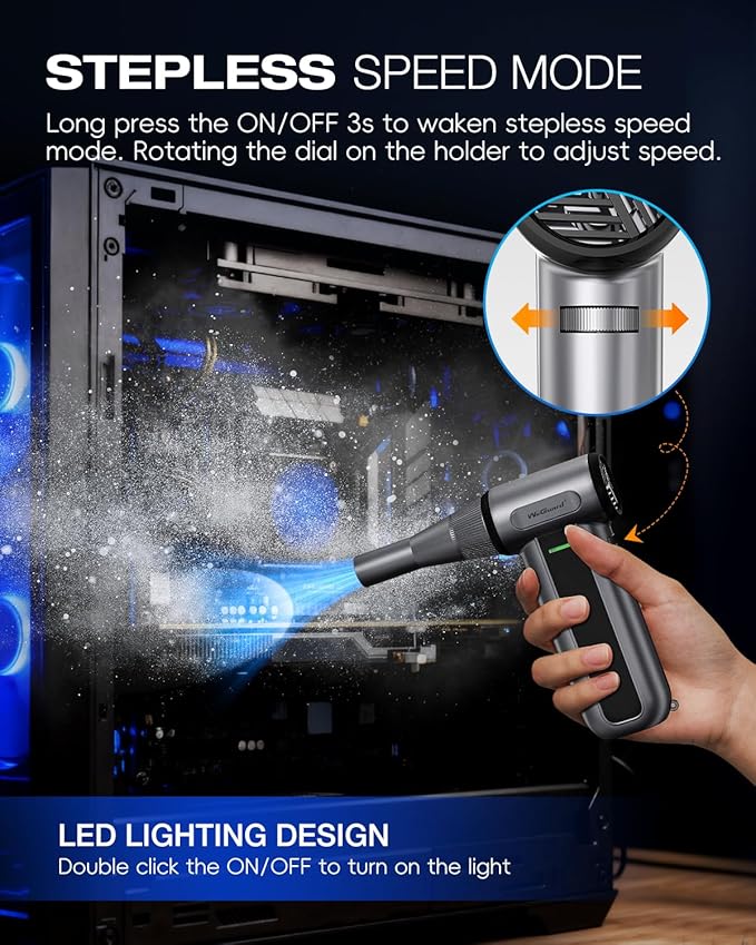 WeGuard W22 Compressed Air Duster, 180000 RPM Electric Air Duster for Cleaning, LED Light/ 3-Speed Adjustable Mini Snow Blower, Rechargable Mini Air Blower for Computer, Car, Keyboard, Leaves, Outdoor