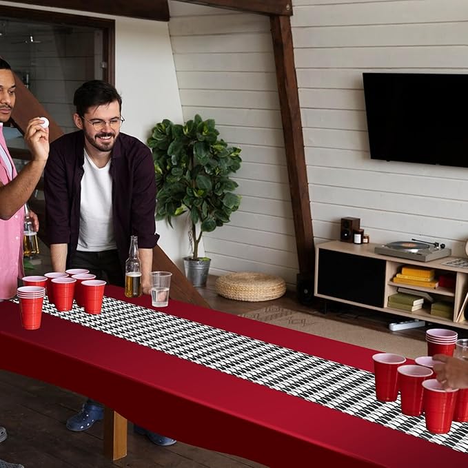 WANGDEFA 1 Pack Plastic Red Tablecloth Houndstooth Table Runner Houndstooth Party Decor 108 * 54inches for Dining Table Outdoor Party Decorative Tablecloth（PVEA and Polyester Material
