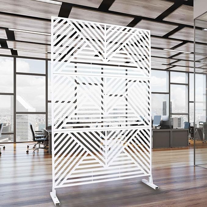 Outdoor Privacy Screen with Geometric Design – Metal Decorative Panel, Freestanding Partition, Weather-Resistant, 76"x48" for Garden, Patio, Balcony, and Yard, White