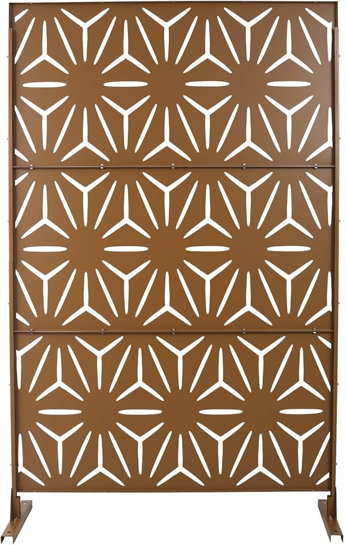 Outdoor Privacy Screen, 76" H x 48" W Decorative Metal Panel, Steel Privacy Divider with Freestanding Base, Ideal for Garden, Patio, or Balcony, Brown