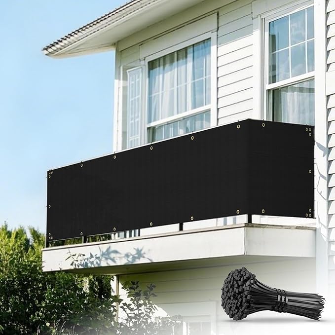 2.5' x 93' Balcony Privacy Screen Fence Cover with Zip Ties Grommets for Apartment Patio Porch Deck Backyard Outdoor (Black)