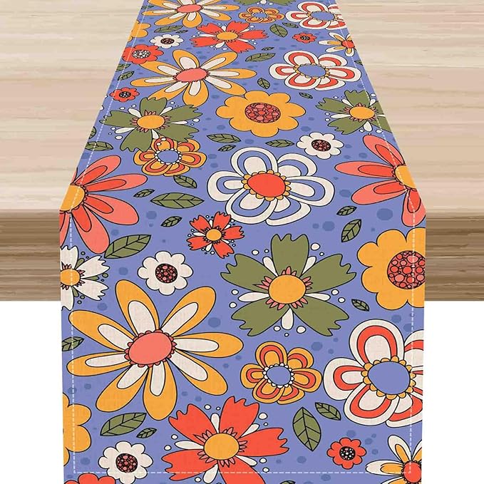 70s Floral Table Runner, Retro Groovy Hippie Lovely Floral Funky Daisy Trippy Coffee Table Center Decor for Home Kitchen Dining Patio Holiday Party Indoor Outdoor Table Decorations, 13"x36" Inch