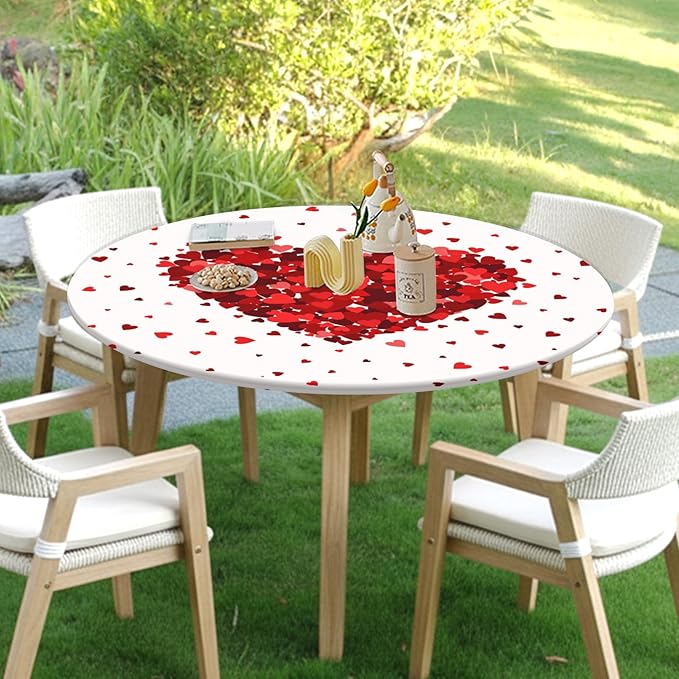 Valentines Day Round Fitted Tablecloth with Elastic Red Love Heart Circle Table Cloth for 36-40" Tables Wipeable Waterproof Washable Valentine Decorative Table Cover for Picnic Dining Party Decor