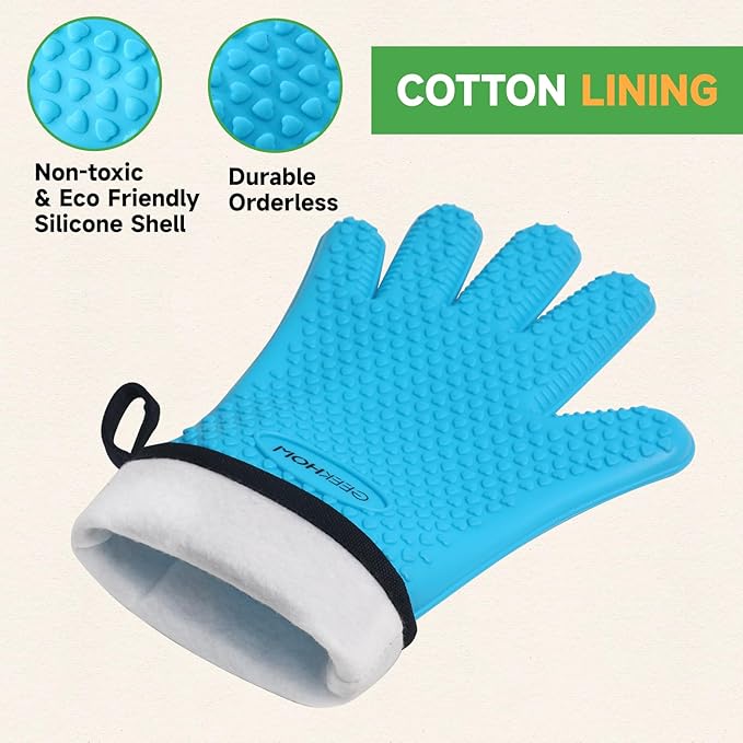 GEEKHOM BBQ Gloves Heat Resistant Oven Mitts - Silicone Grilling Gloves with 14" Long Arm Protection - Waterproof Pot Holder Non-Slip for Men & Women, Kitchen Cooking, Baking, Camping, Blue