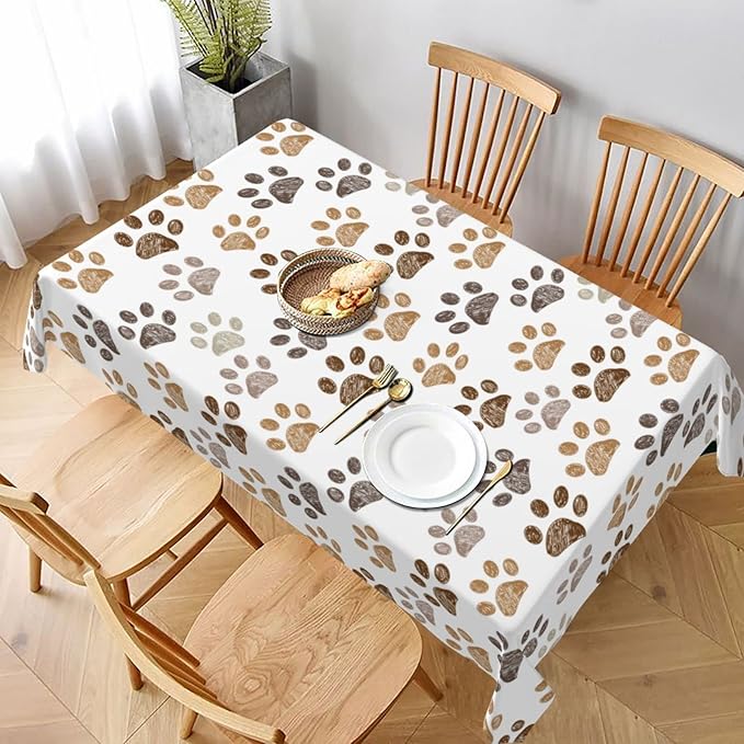 Worltoldb Dog Paw Print Tablecloths - Polyester Rectangular Table Cover - 90" x 60" - White - Animal Print, Formal - All-Season - Water Resistant, Durable - Wedding