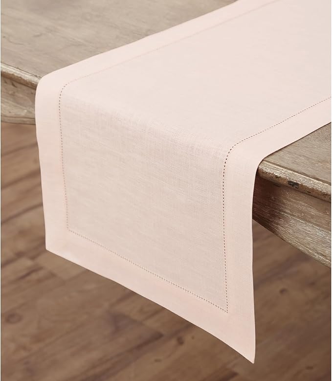 Solino Home Linen Pink Table Runner 120 Inches Long - 100% Pure Linen Hemstitch 14 x 120 Inch Table Runner for Dining, Valentines, Spring, Easter - Classic Hemstitch