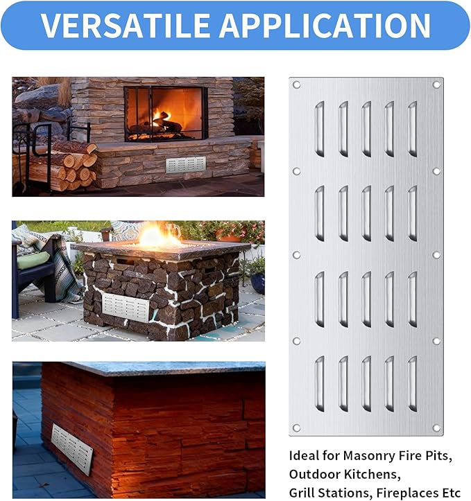 4 Pack Stainless Steel Venting Panel for BBQ Grill Accessory, 15x6.5 Inch (20-Slots), 304 Grade Metal Vent Cover for Masonry Fire Pits & Outdoor Kitchens, Weather Resistant, 15" by 6-1/2"