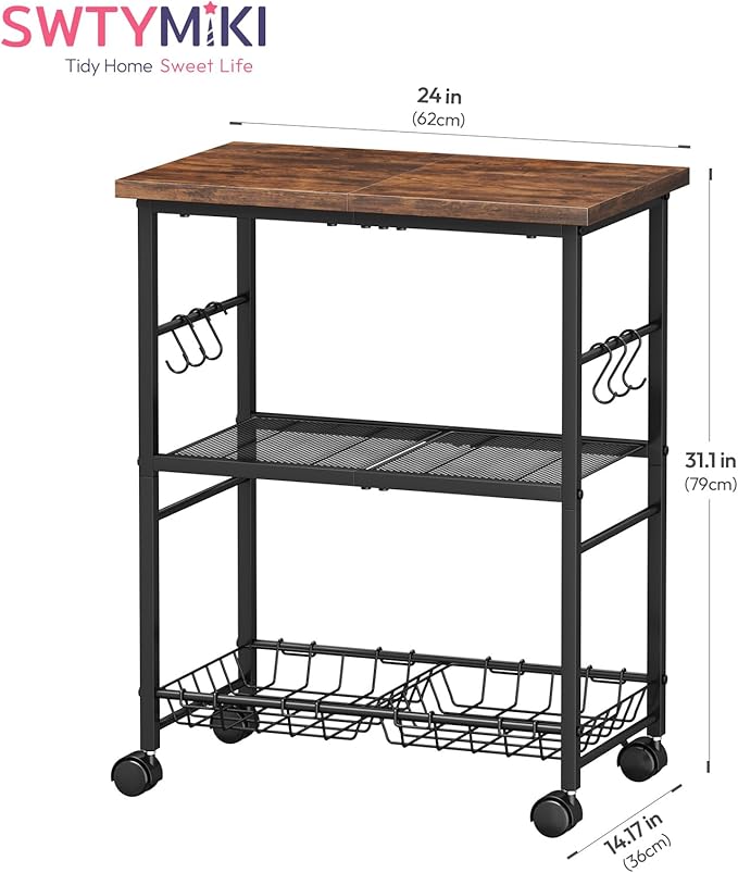 SWTYMIKI Rolling Kitchen Microwave Cart - 3 Tier Microwave Table Stand with Storage Basket and Hooks, Kitchen Utility Cart on Wheels, Coffee Cart Shelf Rack Organizer for Living Room Office, Balcony