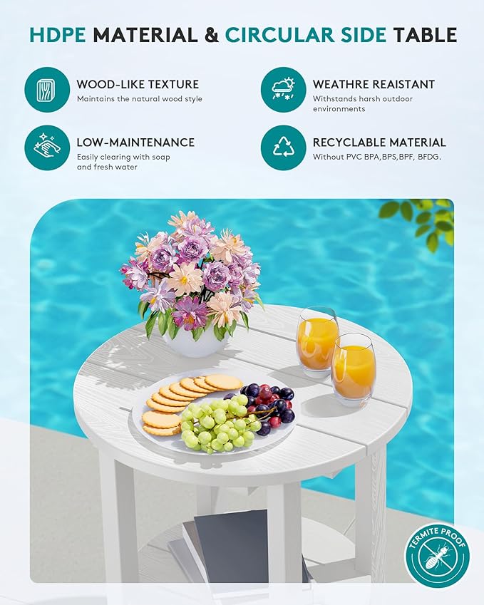 SERWALL Round Outdoor Side Table, HDPE Small Adirondack End Table,2-Tier Patio Side Table for Backyard Pool Porch Garden Lawn, White