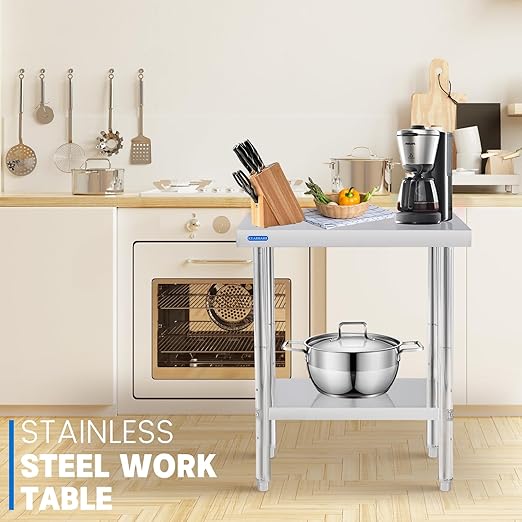 Stainless Steel Table for Prep & Work with Undershelf 24 x 24 Inches NSF Metal Commercial Kitchen Prep Table with Adjustable Under Shelf Worktable for Restaurant Home Outdoor