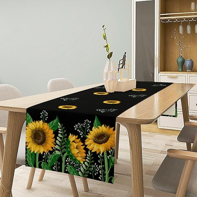 Sunflower Table Runner,Spring Summer Watercolor Floral Plants Leaves Print Table Runner for Kitchen Dining Table Home Holiday Party Indoor Outdoor Decor 13x60in