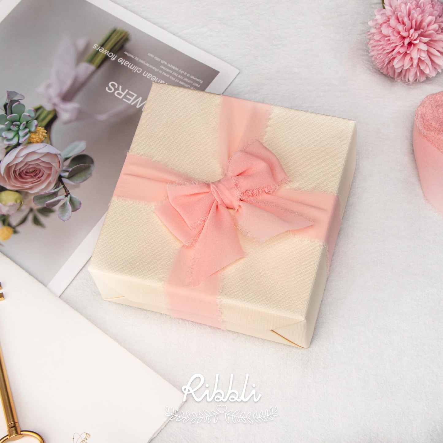 Ribbli Light Pink Chiffon Ribbon 1-1/2 inch x 20 Yard Handmade Fringe Chiffon Silk Ribbon for Wedding Invitations, Bridal Bouquets Wrapping, Flower Arrangement Decoration