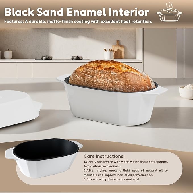 Enameled Cast Iron Dutch Oven for Bread Baking – 3QT Oval Round Heavy Duty Bread Pan with Lid, Non-Stick Ceramic Coating,Loaf Cast Iron Bread Oven for Sourdough, Baking, Roasting, Braising, Stovetop & Oven Safe