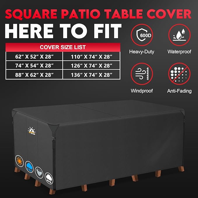 Zettum Patio Furniture Cover Rectangle - 600D Outdoor Table Cover Waterproof & Heavy Duty, Lawn Furniture Set Covers for Outside Rectangular Dining Table and Chairs Seating Combo - 88 x 62 x 28 Inch
