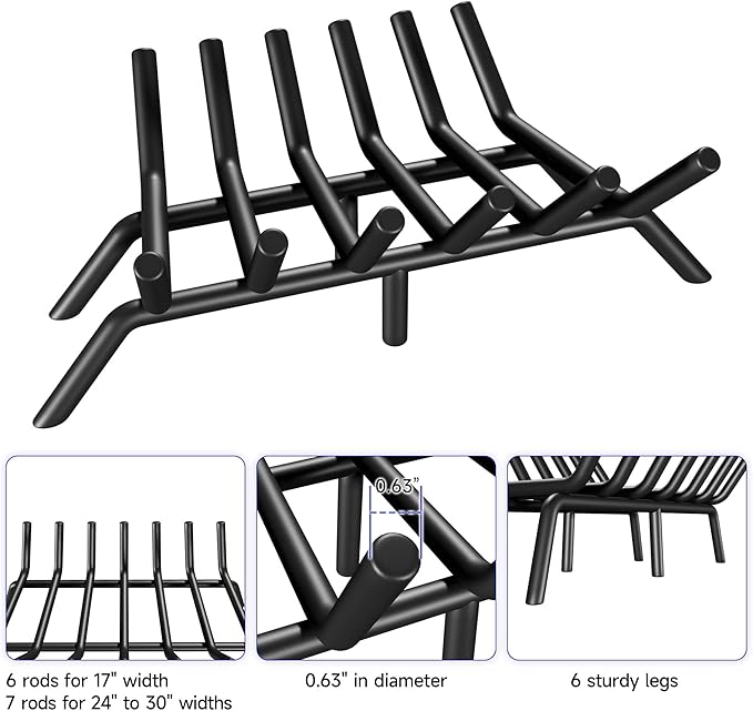 Fireplace Grate 30 Inch, Firewood Log Holder Rack, Heavy Duty Fire Wood Stove Grates for Indoor Outdoor Camping Chimney Hearth Burning Fireplace Accessories Tools