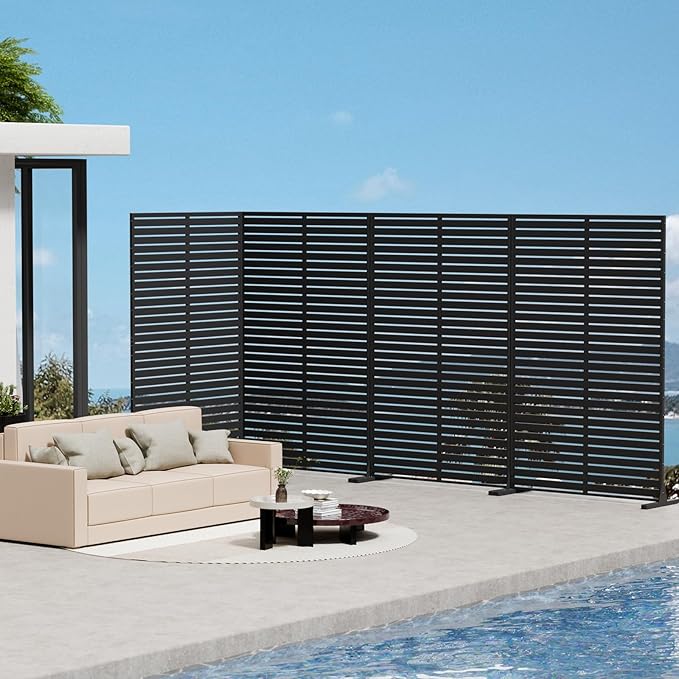 Privacy Fence Screen with Stand 6 Panel 72" H×47" W HDPE Decorative Panels with Steel Poles and Stand, Air Conditioner Fence Panels, Privacy Screen for Outdoor Backyard, Balcony, Pool